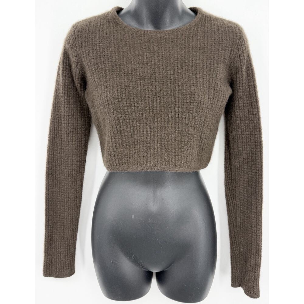 Alo Womens Cashmere Plush Waffle Cropped Long Sleeve Brown Sweater Top XS Soft